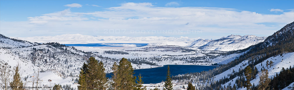 © cody duncan photography.  Panoramic view of snow covered eastern sierra and Mono lake and June lake