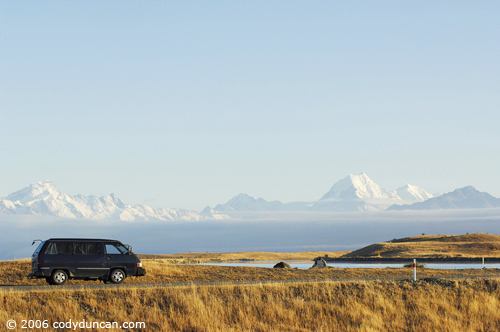 Old Campervan parked along road with Mount Cook in background, New Zealand. © Cody Duncan Photography