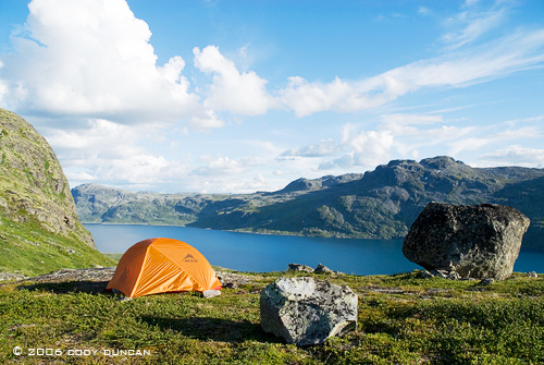 MSR Hubba tent at campsite above lake in Jotunheimen national park, Norway. © Cody Duncan Photography