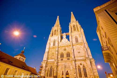 German travel photography: night time exterior of Dom cathedral Regensburg, Germany. © Cody Duncan Photography