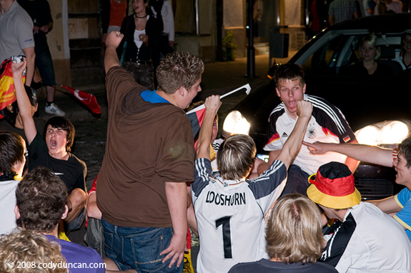 June 25 2008, German soccer fans celebrate German win over Turkey, 2008 UEFA soccer cup. © Cody Duncan Photography
