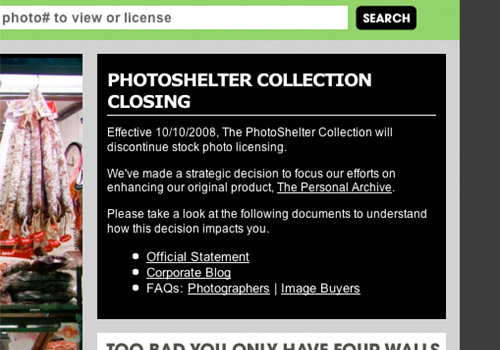 PSC - Photoshelter collection stock agency closing notice on front page
