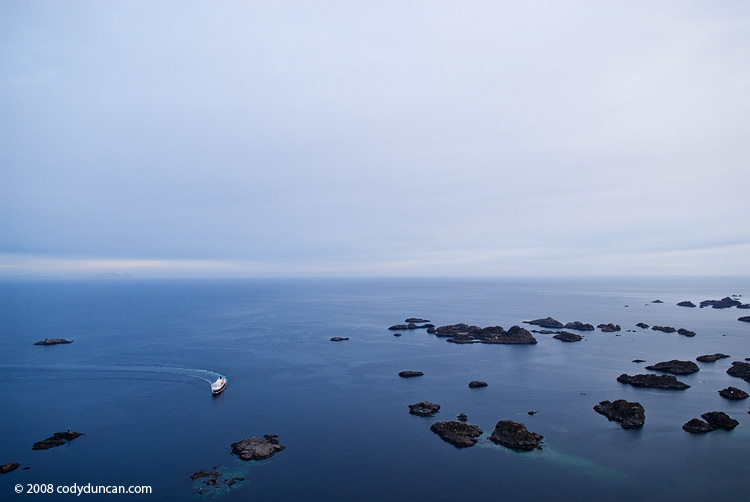 Lofoten travel photo: Hurtigurten coastal ferry arriving at port in Stamsund, Lofoten Islands, Norway. Cody Ducnan Photography