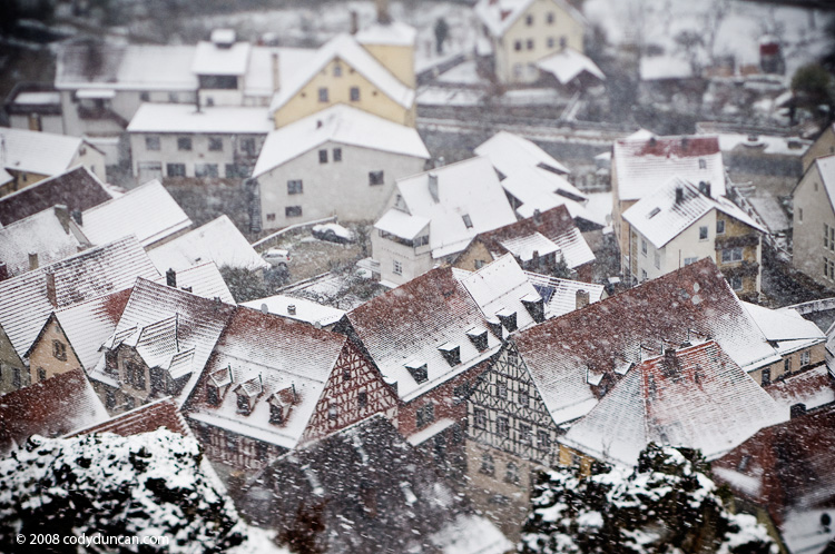 German travel stock photo: Germany, Bavaria, Franconia, Pottenstein in early winter snow storm.  Cody Duncan Photography