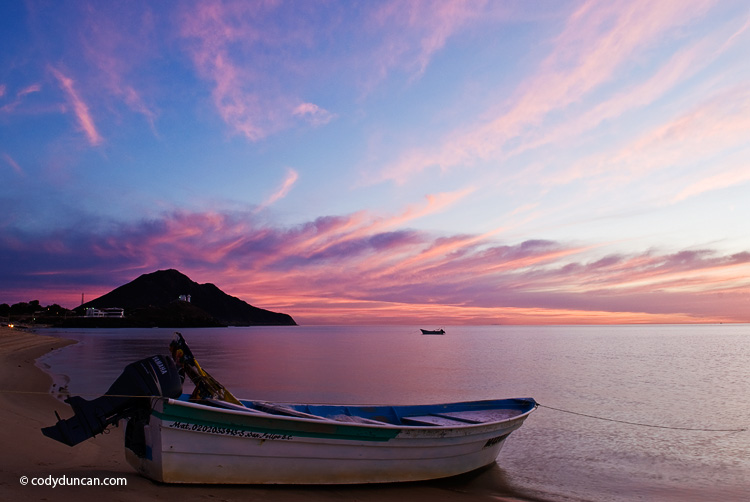 Travel stock photo: fishing boat on beach at sunrise, San Felipe, Baja California, Mexico