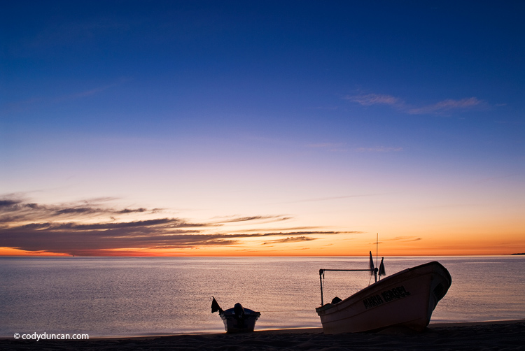 Travel stock photo: fishing boat on beach at sunrise, San Felipe, Baja California, Mexico