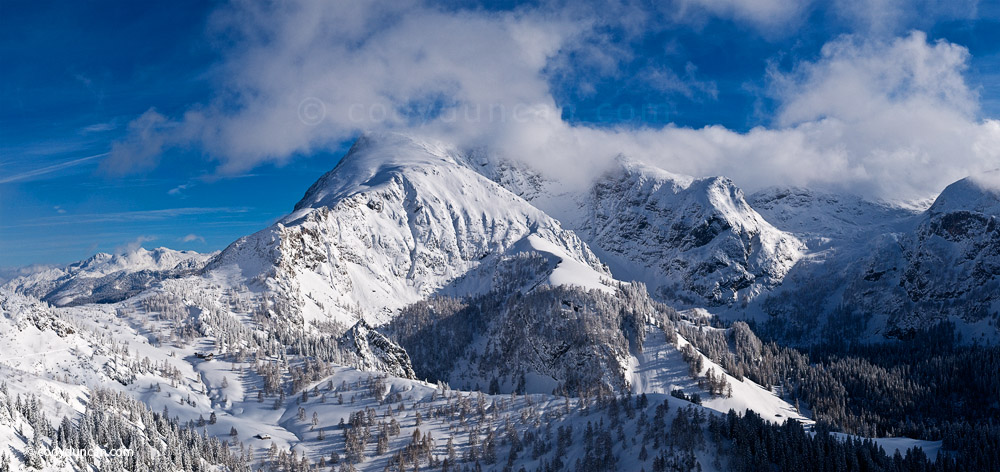 Panoramic stock photo: snowy mountain view of Berchtesgaden national park from Jenner, Bavaria, Germany. Cody Duncan Photography