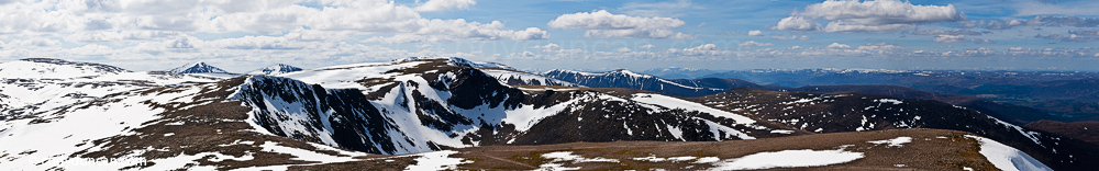 Panoramic landscape stock photography: Cairngorm mountains with spring snow, Cairngorms, Scotland
