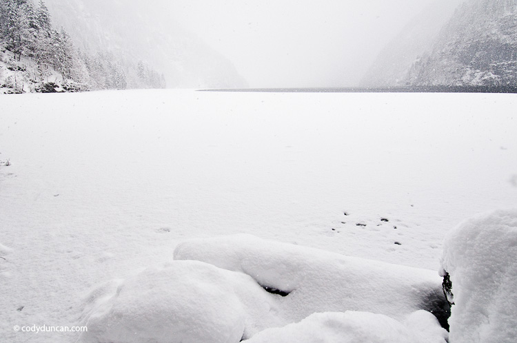 Germany travel stock photo: Winter snowstorm over Koenigsee, Berchtesgaden national park, Germany