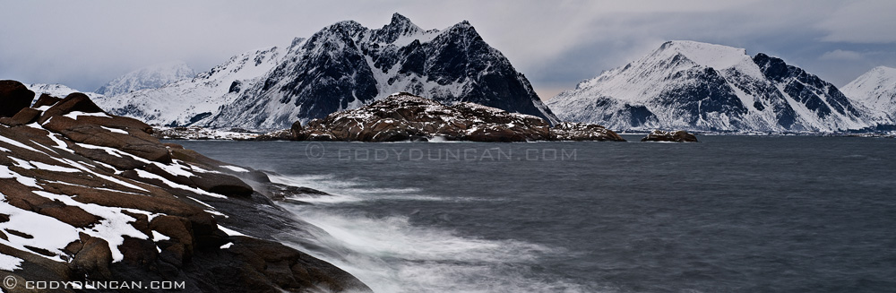 Nikon 85mm tilt-shift lens panoramic: stormy sea, Lofoten islands, Norway