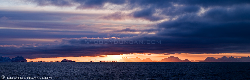 Panoramic photo: sunrise across Vestfjorden, Stamsund, Lofoten islands, Norway