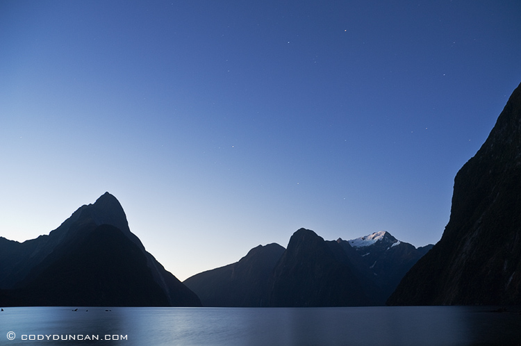 Night photography: Clear night sky over Milford sound, New Zealand