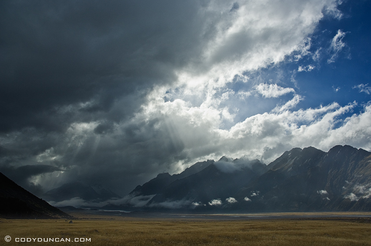 Clearing storm over mountains and Tasman valley, Mount Cook national park, New Zealand