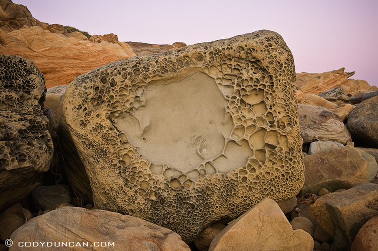 Tafoni eroded boulder, Salt Point state park, California