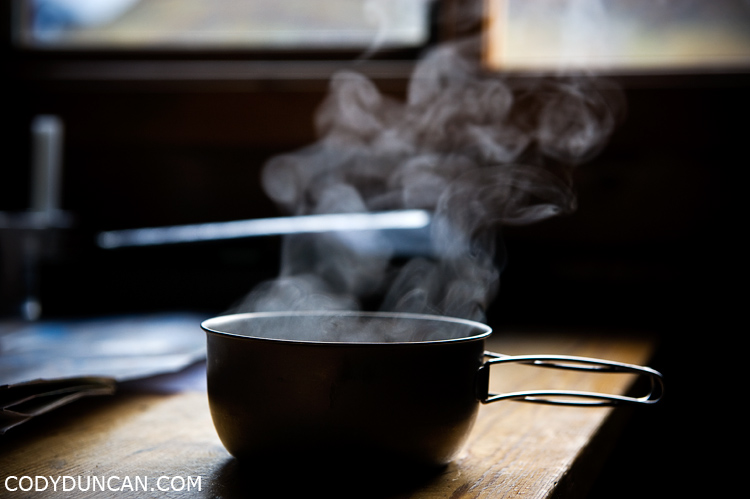 Kungsleden sweden travel photography: steam rising from pan