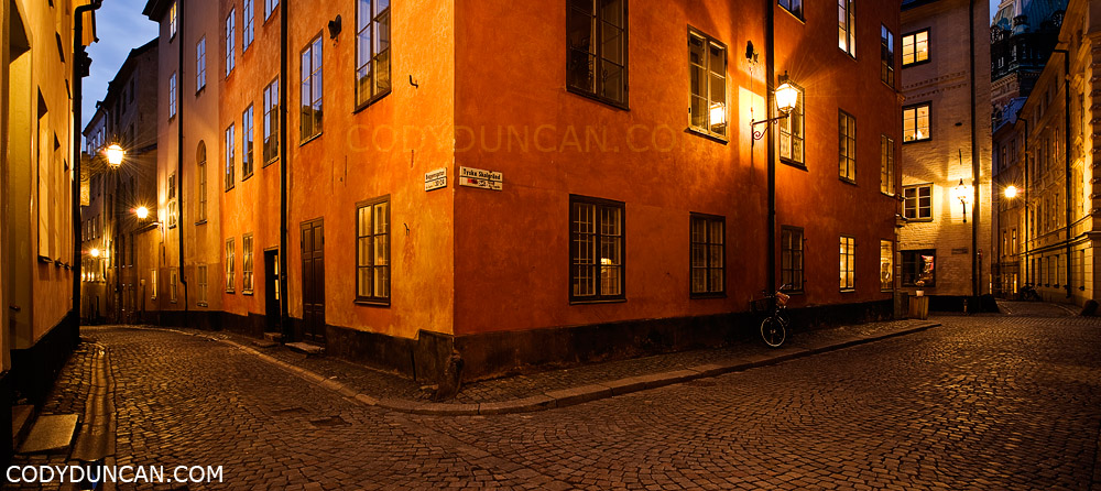 Stockholm, Sweden travel photography: Gamla stan (old town) cobble stone streets at night