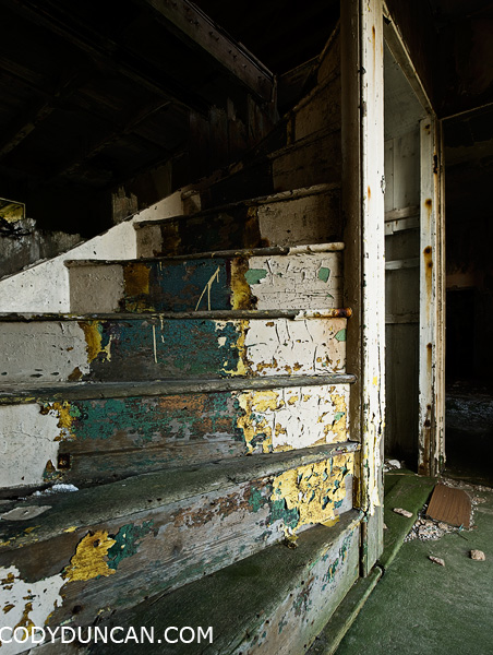 Staircase in abandoned derelict building, South Ronaldsay, Orkney, Scotland