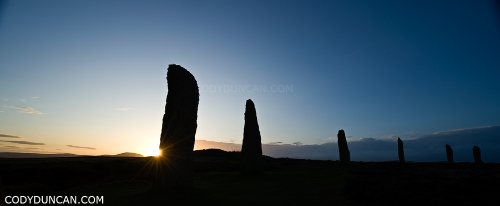 Sunset panoramic photo Ring of Brodgar standing stones, Orkney, Scotland