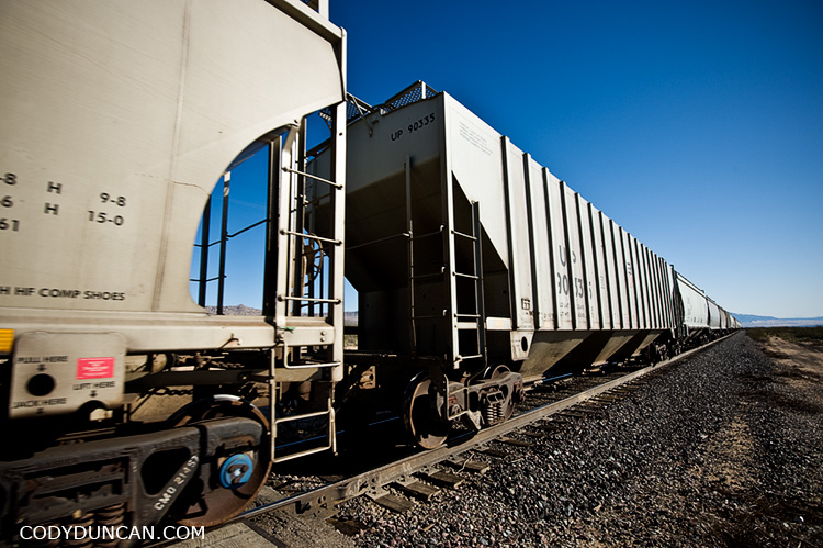 Train traveling through Mojave Desert, California