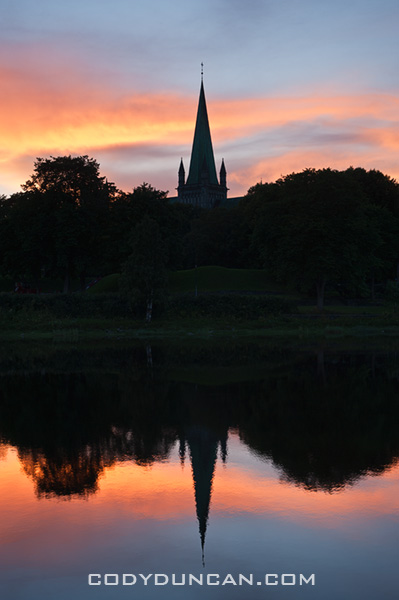 Nidaros Cathedral river reflection, Trondheim, Norway
