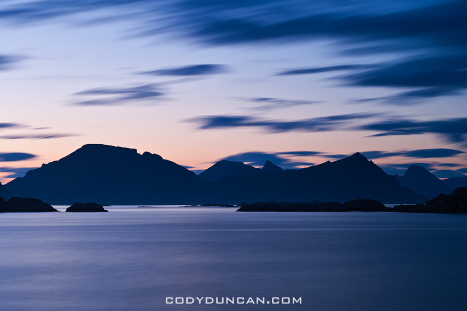 Summer twilight over mountains of Lofoten islands, Stamsund, Norway