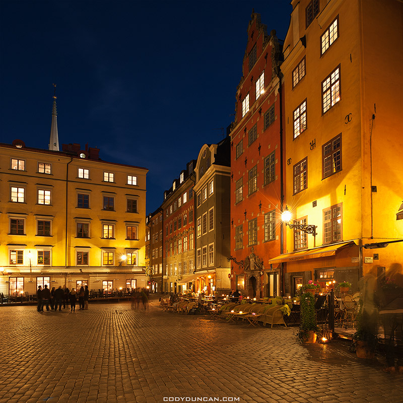Cafe lined Stortorget at night, Gamla Stan - Old Town, Stockholm, Sweden